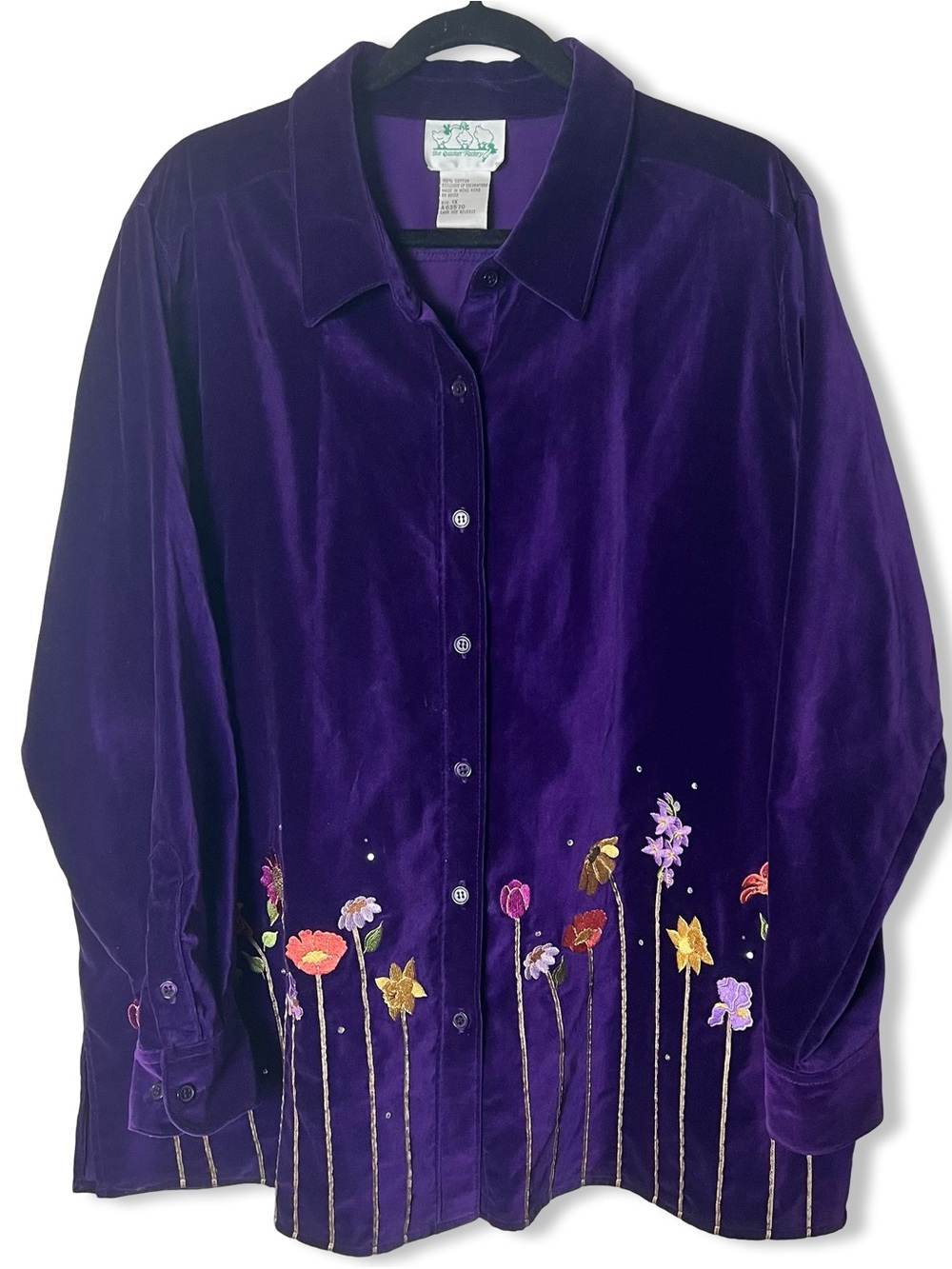 The Quacker Factory Vtg Women’s Purple Velvet Floral Embroidered Shirt Sz 1X